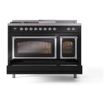 ILVE UN48FSNMPBKC Nostalgie II Noblesse 48 inch Dual Fuel Range (5 Sealed Burners + Griddle + French Top, Natural Gas, Triple Glass Door, Glossy Black, Chrome)