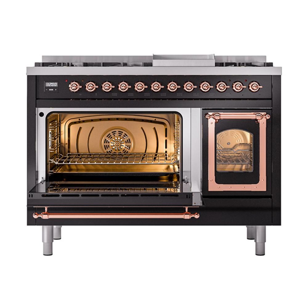 ILVE UN48FNMPBKPLP Nostalgie II Noblesse 48 inch Dual Fuel Range (8 Sealed Burners + Griddle, Liquid Propane, Triple Glass Door, Glossy Black, Copper)