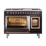 ILVE UN48FNMPBKPLP Nostalgie II Noblesse 48 inch Dual Fuel Range (8 Sealed Burners + Griddle, Liquid Propane, Triple Glass Door, Glossy Black, Copper)