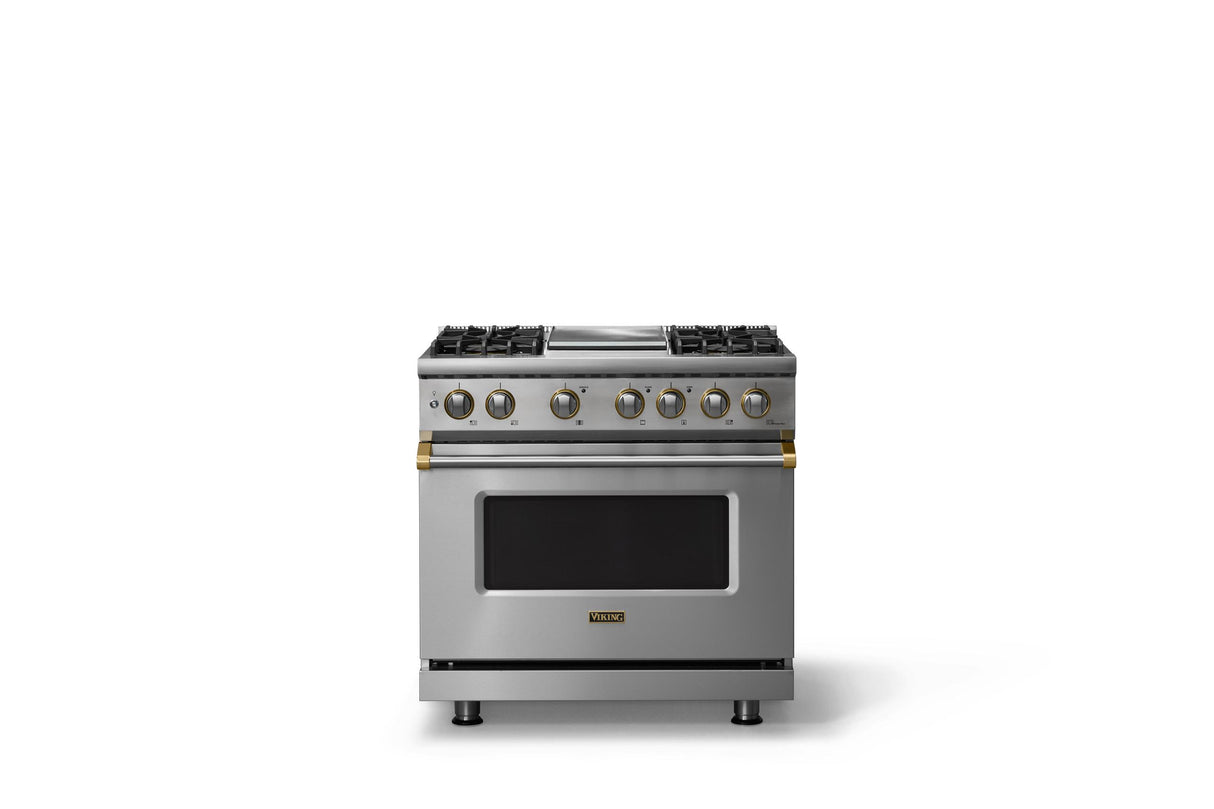 36"W. Dual Fuel Range (Burner: 4g, Finish: Stainless Steel, Trim: Brushed Brass, Fuel: Natural Gas)