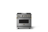 36"W. Dual Fuel Range (Burner: 4g, Finish: Stainless Steel, Trim: Brushed Brass, Fuel: Propane)