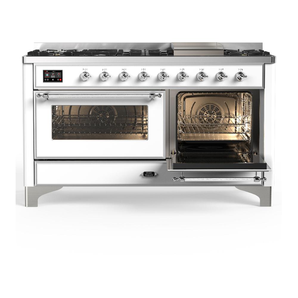 ILVE UM60FNR3WHCLP Majestic III 60 inch Dual Fuel Range with 9 Burners and Griddle, Dual Function Burner up to 25,000 BTU (Liquid Propane, Triple Glass Door, White, Chrome)