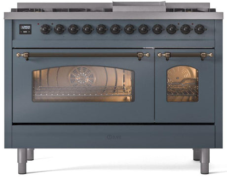 Nostalgie II 48 Inch Dual Fuel Natural Gas Freestanding Range in Blue Grey with Bronze Trim