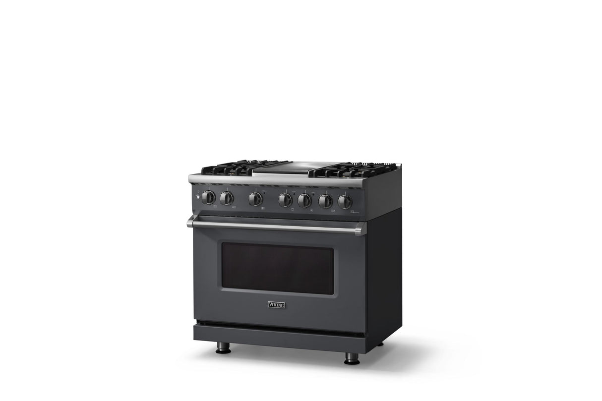 36"W. Dual Fuel Range (Burner: 4g, Finish: Cast Black, Trim: Polished Chrome, Fuel: Natural Gas)