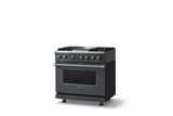 36"W. Dual Fuel Range (Burner: 4g, Finish: Cast Black, Trim: Polished Chrome, Fuel: Natural Gas)