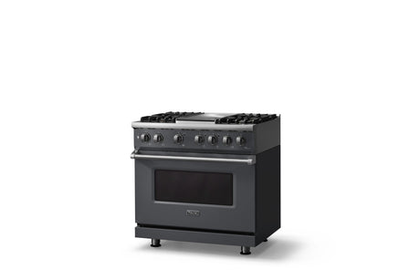 36"W. Dual Fuel Range (Burner: 4g, Finish: Cast Black, Trim: Polished Chrome, Fuel: Natural Gas)