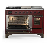 ILVE UM48FSNR3BUBLP Majestic III 48 inch Dual Fuel Range with 5 Black Brass Burners, Griddle and French Top, Dual Function Burner up to 25,000 BTU (Liquid Propane, Triple Glass Door, Burgundy, Burnished)