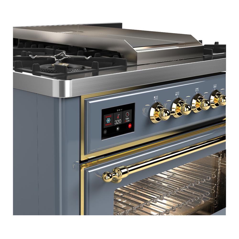 ILVE UM36FNR3BGG Majestic III 36 inch Dual Fuel Range with 6 Black Brass Burners and Griddle, Dual Function Burner up to 25,000 BTU (Triple Glass Door, Blue Grey, Brass, Natural Gas)
