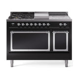 ILVE UN48FSQNMPBKCLP Nostalgie II Noblesse 48 inch Dual Fuel Range (5 Sealed Burners + Griddle + French Top, Liquid Propane, Solid Door, Glossy Black, Chrome)