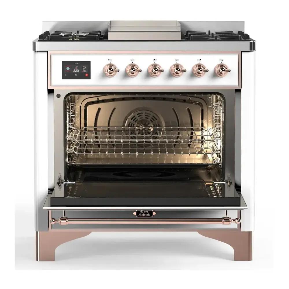 ILVE UM36FNR3RAPLP Majestic III 36 inch Dual Fuel Range with 6 Black Brass Burners and Griddle, Dual Function Burner up to 25,000 BTU (Triple Glass Door, RAL, Copper, Liquid Propane)