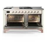 ILVE UM60FSQNR3AWPLP Majestic III 60 inch Dual Fuel Range with 7 Burners, Griddle and French Top, Dual Function Burner with up to 25,000 BTU (Liquid Propane, Solid Door, Antique White, Copper)