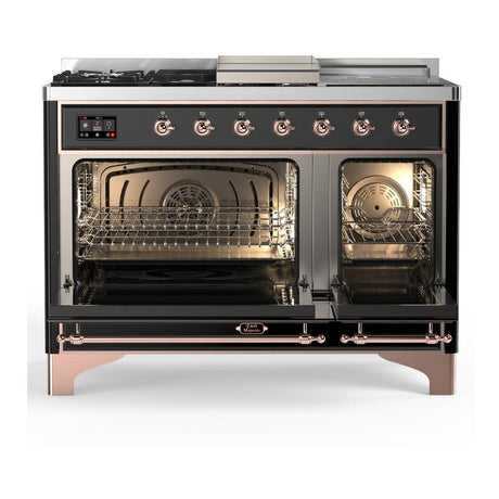 ILVE UM48FSNR3BKP Majestic III 48 inch Dual Fuel Range with 5 Black Brass Burners, Griddle and French Top, Dual Function Burner up to 25,000 BTU (Natural Gas, Triple Glass Door, Glossy Black, Copper)