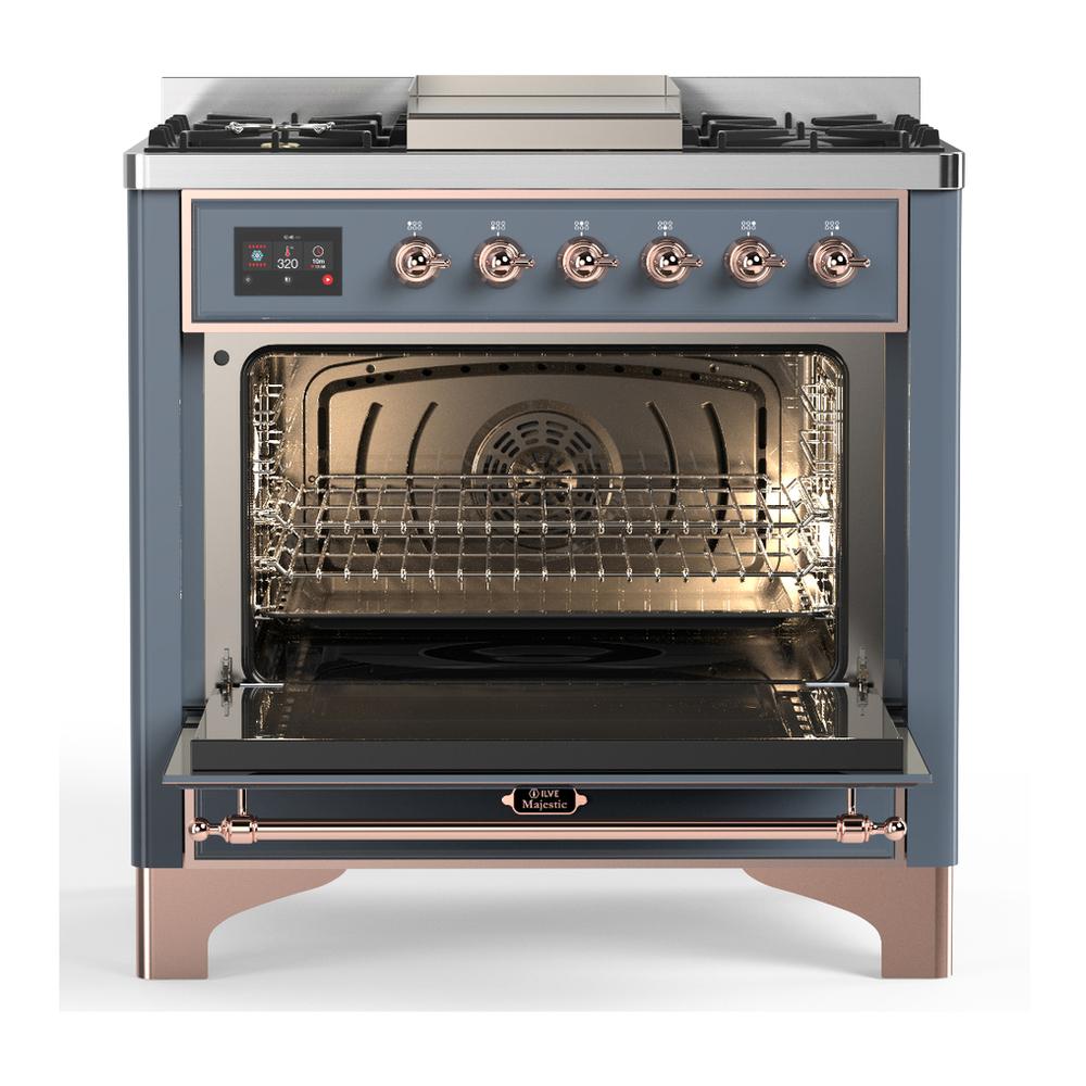 ILVE UM36FQNR3BGP Majestic III 36 inch Dual Fuel Range with 6 Black Brass Burners and Griddle, Dual Function Burner up to 25,000 BTU (Solid Door, Blue Grey, Copper, Natural Gas)
