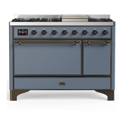 ILVE UM48FQNR3BGBLP Majestic III 48 inch Dual Fuel Range with 8 Burners and Griddle, Dual Function Burner up to 25,000 BTU (Liquid Propane, Solid Door, Blue Grey, Burnished)