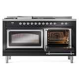 ILVE UN60FSNMPBKC Nostalgie II Noblesse 60 inch Dual Fuel Range (7 Sealed Burners + Griddle + French Top, Natural Gas, Triple Glass Door, Glossy Black, Chrome)