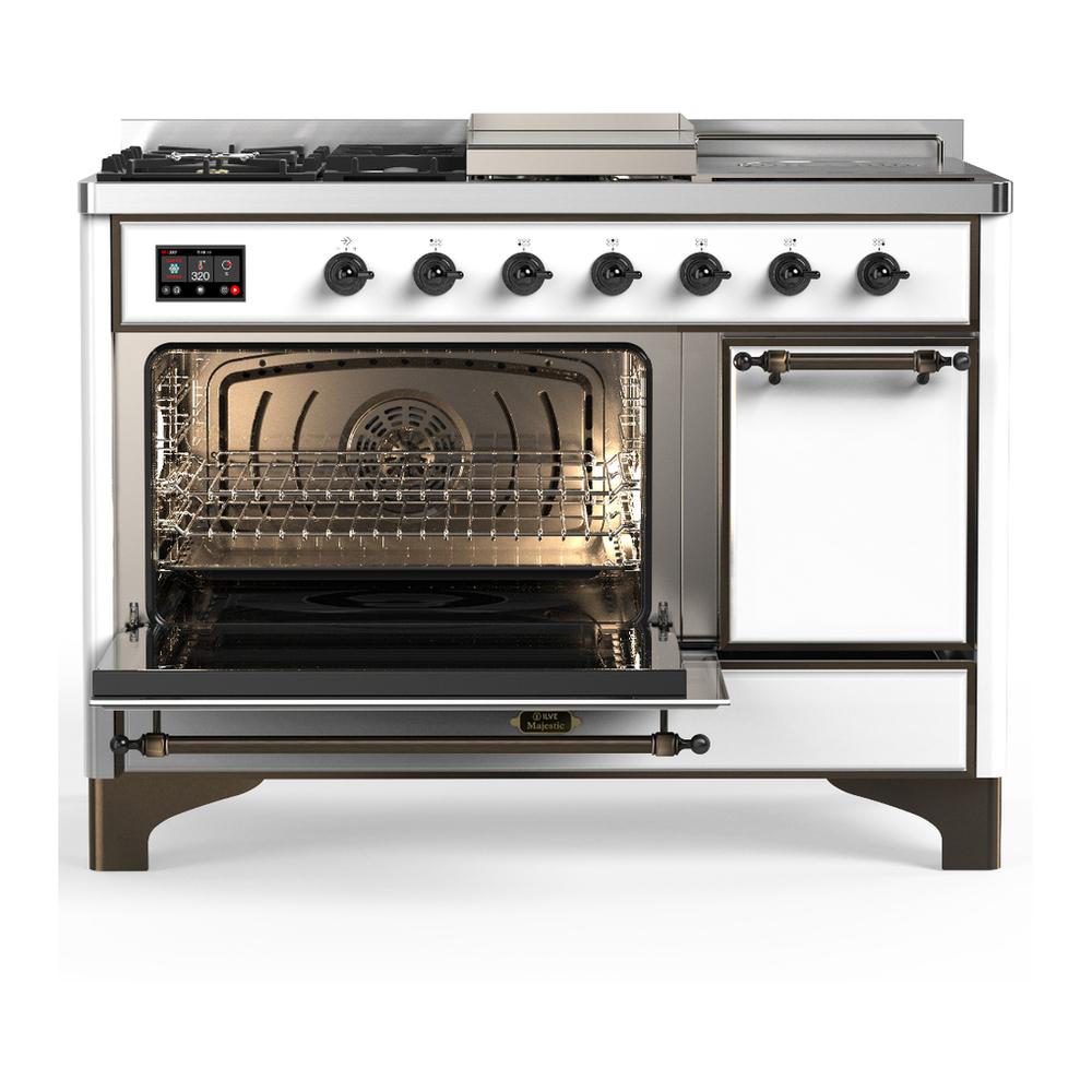 ILVE UM48FSQNR3WHBLP Majestic III 48 inch Dual Fuel Range with 5 Black Brass Burners, Griddle and French Top, Dual Function Burner up to 25,000 BTU (Liquid Propane, Solid Door, White, Burnished)