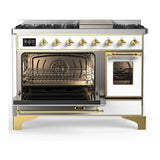 ILVE UM48FNR3WHG Majestic III 48 inch Dual Fuel Range with 8 Burners and Griddle, Dual Function Burner up to 25,000 BTU (Natural Gas, Triple Glass Door, White, Brass)