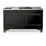 ILVE UM60FSQNR3BKBLP Majestic III 60 inch Dual Fuel Range with 7 Burners, Griddle and French Top, Dual Function Burner with up to 25,000 BTU (Liquid Propane, Solid Door, Glossy Black, Burnished)