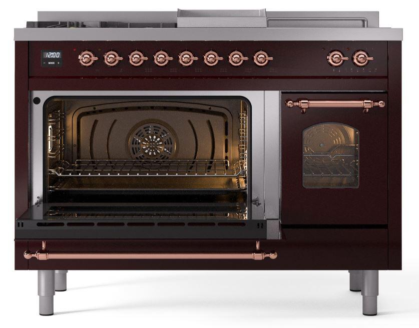 Nostalgie II 48 Inch Dual Fuel Natural Gas Freestanding Range in Burgundy with Copper Trim