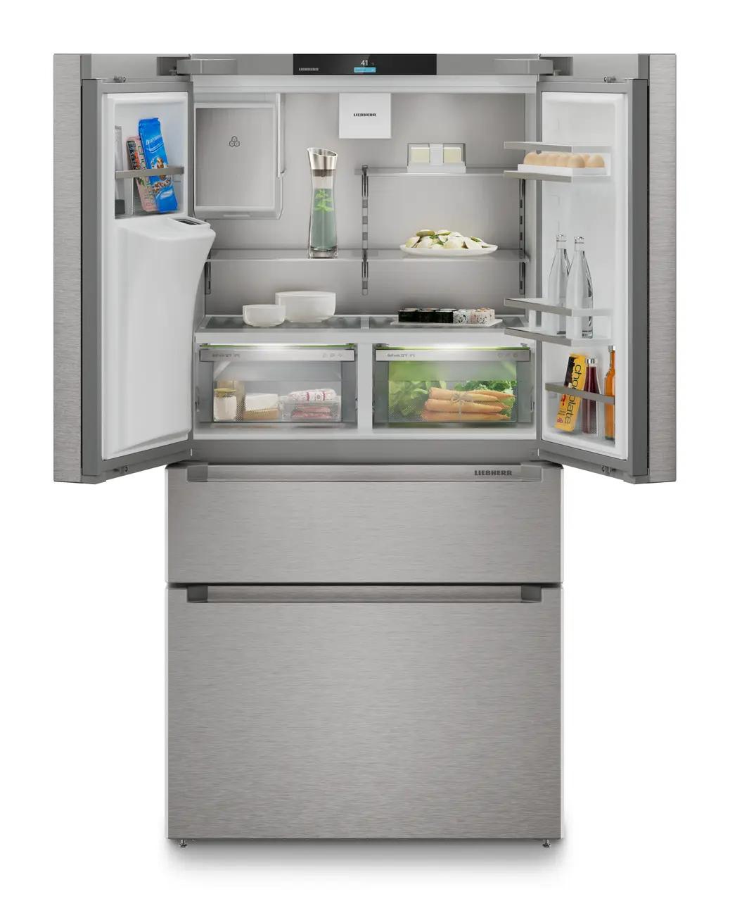 French door fridge-freezer with 2 freezer drawers and water and ice cube dispenser