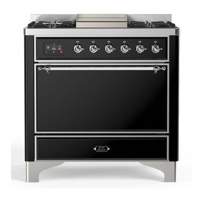ILVE UM36FQNR3BKC Majestic III 36 inch Dual Fuel Range with 6 Black Brass Burners and Griddle, Dual Function Burner up to 25,000 BTU (Solid Door, Glossy Black, Chrome, Natural Gas)