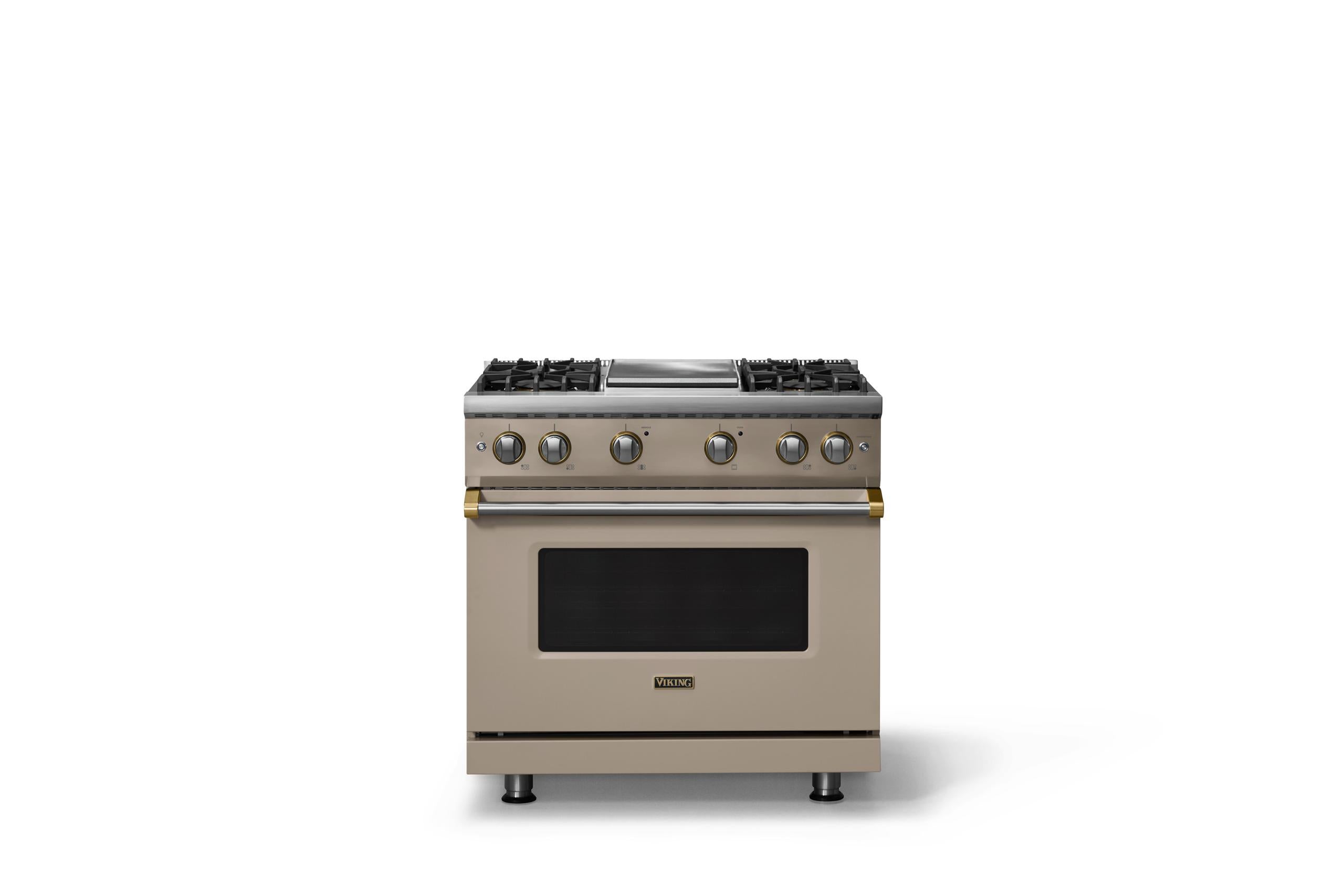 36"W. Sealed Burner Gas Range (Burner: 4g, Finish: Nantucket, Trim: Brushed Brass, Fuel: Natural Gas)