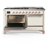 ILVE UM60FQNR3AWP Majestic III 60 inch Dual Fuel Range with 9 Burners and Griddle, Dual Function Burner up to 25,000 BTU (Natural Gas, Solid Door, Antique White, Copper)