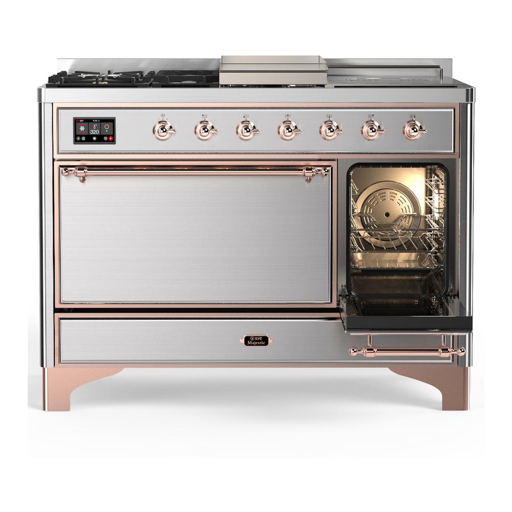 ILVE UM48FSQNR3SSP Majestic III 48 inch Dual Fuel Range with 5 Black Brass Burners, Griddle and French Top, Dual Function Burner up to 25,000 BTU (Natural Gas, Solid Door, Stainless Steel, Copper)