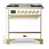 ILVE UM36FQNR3WHGLP Majestic III 36 inch Dual Fuel Range with 6 Black Brass Burners and Griddle, Dual Function Burner up to 25,000 BTU (Solid Door, White, Brass, Liquid Propane)