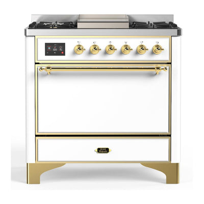 ILVE UM36FQNR3WHGLP Majestic III 36 inch Dual Fuel Range with 6 Black Brass Burners and Griddle, Dual Function Burner up to 25,000 BTU (Solid Door, White, Brass, Liquid Propane)