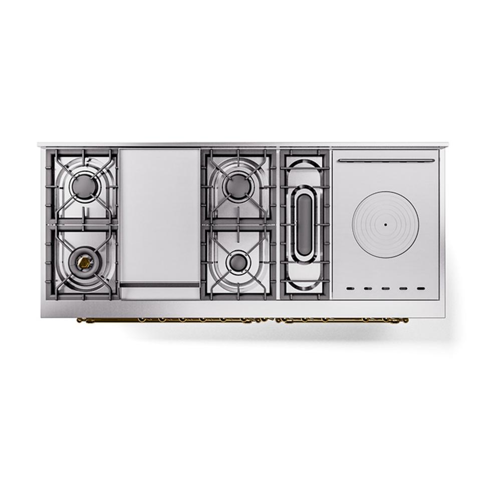 ILVE UN60FSQNMPWHGLP Nostalgie II Noblesse 60 inch Dual Fuel Range (7 Sealed Burners + Griddle + French Top, Liquid Propane, Solid Door, White, Brass)
