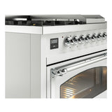ILVE UN48FSNMPWHCLP Nostalgie II Noblesse 48 inch Dual Fuel Range (5 Sealed Burners + Griddle + French Top, Liquid Propane, Triple Glass Door, White, Chrome)
