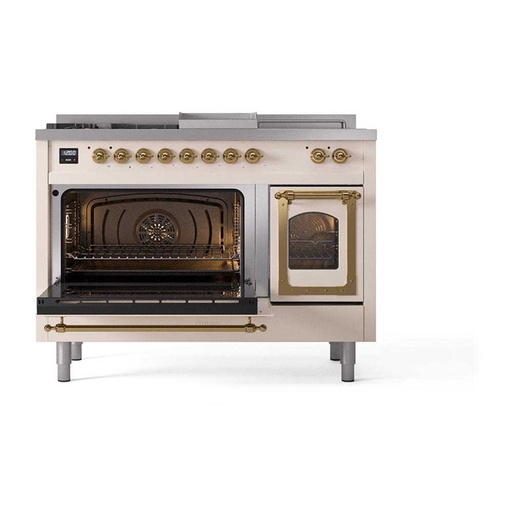 ILVE UN48FSNMPAWG Nostalgie II Noblesse 48 inch Dual Fuel Range (5 Sealed Burners + Griddle + French Top, Natural Gas, Triple Glass Door, Antique White, Brass)