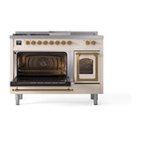 ILVE UN48FSNMPAWG Nostalgie II Noblesse 48 inch Dual Fuel Range (5 Sealed Burners + Griddle + French Top, Natural Gas, Triple Glass Door, Antique White, Brass)