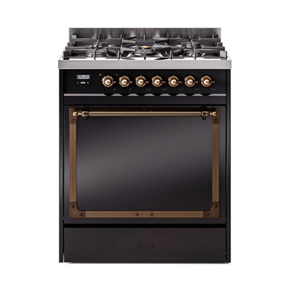 ILVE UN30QNMPBKBLP Nostalgie II Noblesse 30 inch Dual Fuel Range (Liquid Propane, Solid Door, Glossy Black, Burnished)