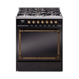 ILVE UN30QNMPBKBLP Nostalgie II Noblesse 30 inch Dual Fuel Range (Liquid Propane, Solid Door, Glossy Black, Burnished)