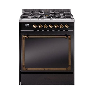 ILVE UN30QNMPBKBLP Nostalgie II Noblesse 30 inch Dual Fuel Range (Liquid Propane, Solid Door, Glossy Black, Burnished)
