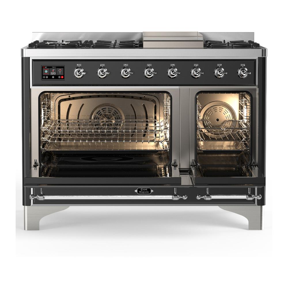 ILVE UM48FNR3MGC Majestic III 48 inch Dual Fuel Range with 8 Burners and Griddle, Dual Function Burner up to 25,000 BTU (Natural Gas, Triple Glass Door, Graphite Matte, Chrome)