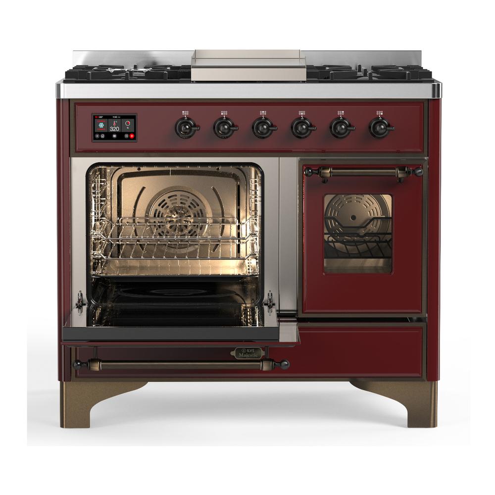 ILVE UMD40FNR3BUBLP Majestic III 40 inch Dual Fuel Range with 6 Burners and Griddle, Dual Function Burner up to 25,000 BTU (Liquid Propane, Triple Glass Door, Burgundy, Burnished)