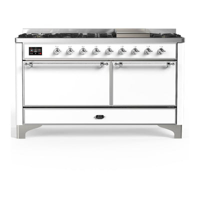 ILVE UM60FQNR3WHC Majestic III 60 inch Dual Fuel Range with 9 Burners and Griddle, Dual Function Burner up to 25,000 BTU (Natural Gas, Solid Door, White, Chrome)