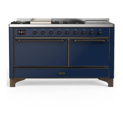 ILVE UM60FSQNR3MBBLP Majestic III 60 inch Dual Fuel Range with 7 Burners, Griddle and French Top, Dual Function Burner with up to 25,000 BTU (Liquid Propane, Solid Door, Midnight Blue, Burnished)