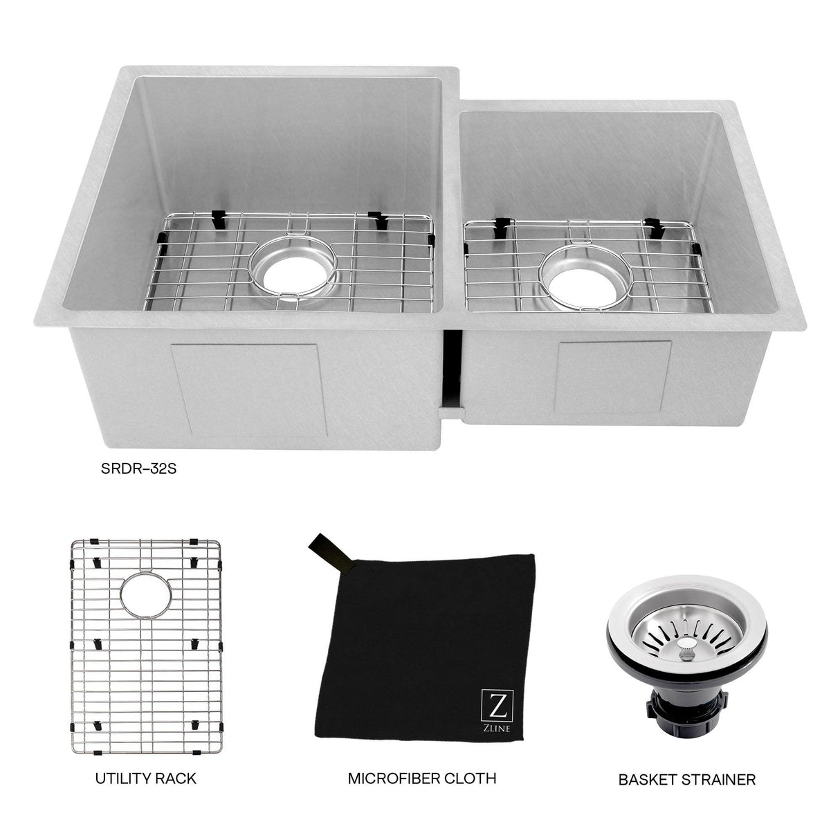 ZLINE 32 in. Jackson Undermount Double Bowl Satin Stainless Steel Kitchen Sink with Bottom Grid (SRDR-32S)