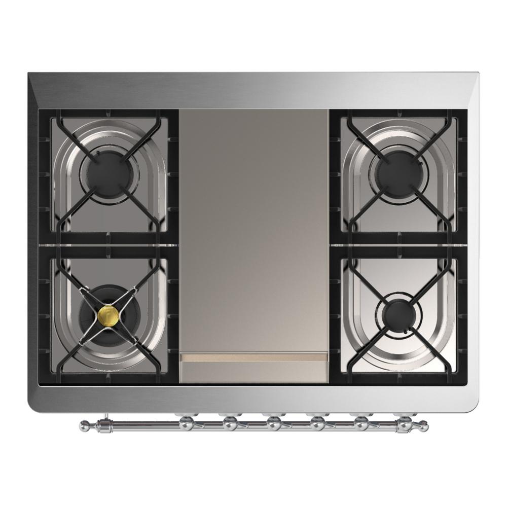 ILVE UM36FNR3WHC Majestic III 36 inch Dual Fuel Range with 6 Black Brass Burners and Griddle, Dual Function Burner up to 25,000 BTU (Triple Glass Door, White, Chrome, Natural Gas)