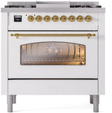 Nostalgie II 36 Inch Dual Fuel Natural Gas Freestanding Range in White with Brass Trim