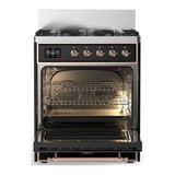 ILVE UM30QNR3BKPLP Majestic III 30 inch Dual Fuel Range with 5 Black Brass Burners, Dual Function Burner up to 25,000 BTU (Liquid Propane, Solid Door, Glossy Black, Copper)