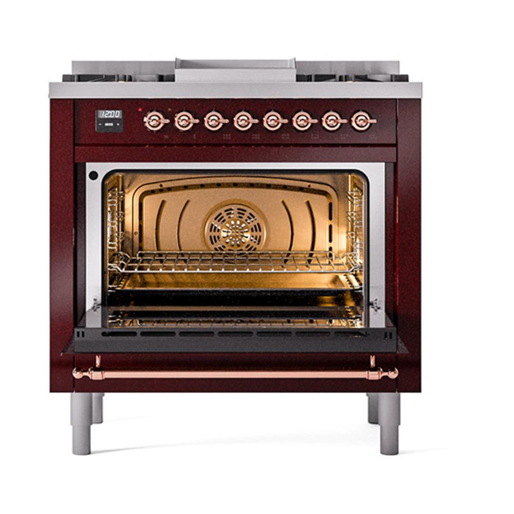 ILVE UN36FNMPBUPLP Nostalgie II Noblesse 36 inch Dual Fuel Range (Liquid Propane, Triple Glass Door, Burgundy, Copper)