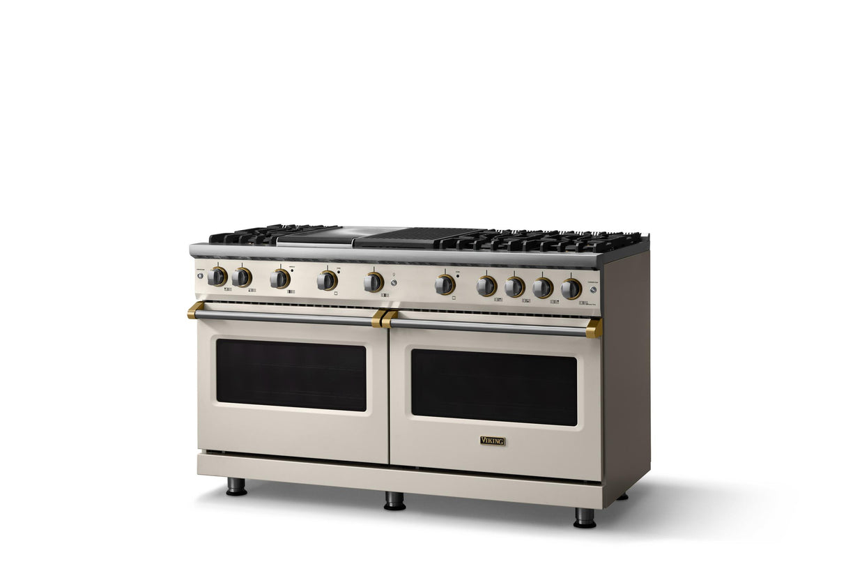 60"W. Sealed Burner Gas Range (Finish: Pure White, Trim: Brushed Brass, Fuel: Natural Gas)
