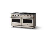 60"W. Sealed Burner Gas Range (Finish: Pure White, Trim: Brushed Brass, Fuel: Natural Gas)