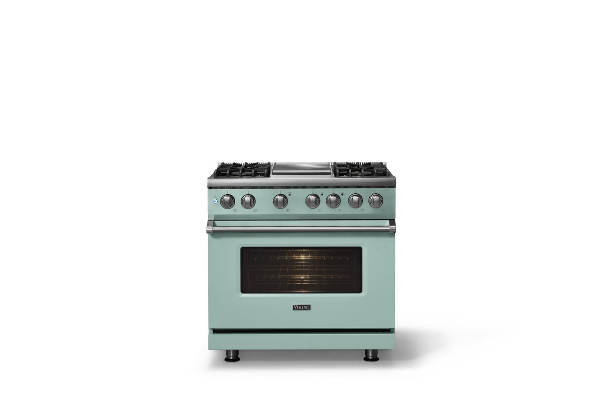 36"W. Dual Fuel Range (Burner: 4g, Finish: Splash, Trim: Polished Chrome, Fuel: Natural Gas)