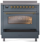 Nostalgie II 36 Inch Electric Freestanding Range in Blue Grey with Brass Trim